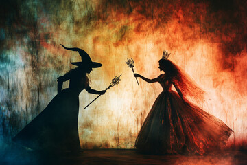 Wall Mural - Dramatic silhouette of a witch facing off against a princess with a wand.