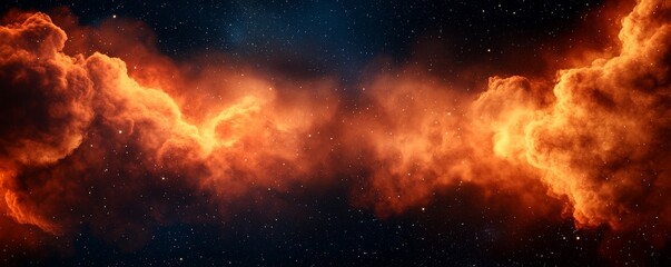 Wall Mural - A vibrant cosmic scene featuring swirling clouds of orange and dark blue, evoking a sense of vastness and mystery in space.