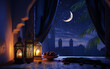 © fadi - Ramadan Kareem greeting. Islamic lantern near mosque with night sky with crescent moon and stars. End of fasting. Hari Raya card. Eid al-Fitr decoration. Breaking of holy fast day. Muslim holiday.