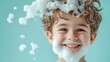 © jobim - cheerful boy with foam beard, in barber shop, white light green shades, high detail. solid pastel colors background.