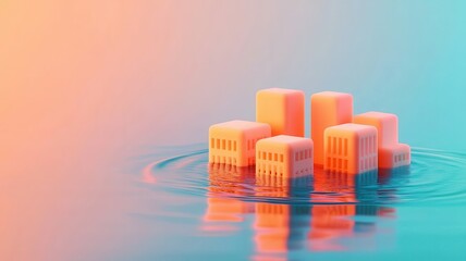 Poster - Floating building models on water surface creative photography colorful background abstract concept
