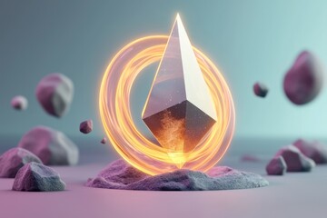 Poster - Floating crystal pyramid surrounded by energy futuristic environment digital art abstract concept