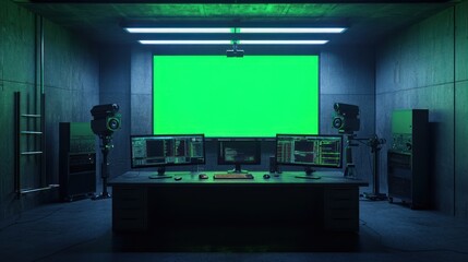 Computer monitors on the table and big digital screens on the wall with chroma key green screen
