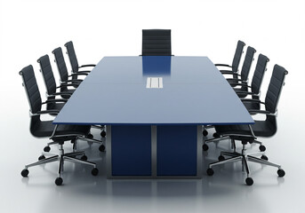 Modern conference room with a large blue table and black office chairs.