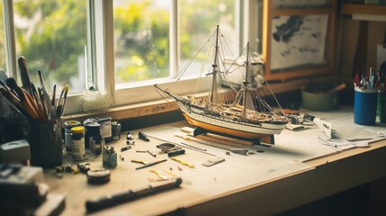 Aufkleber - A peaceful model shipbuilding station by a window, Tools, paints