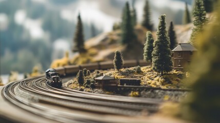 Poster - A peaceful model train layout with tracks and trains meticulously arranged, A cozy room with detailed miniature landscapes, Minimalist hobby style