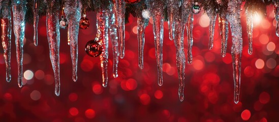 Wall Mural - Shiny icicle ornaments and holiday decorations on a red backdrop creating a festive Christmas atmosphere with brilliant color contrasts