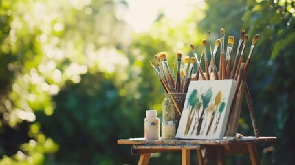 Poster - A peaceful painting session in a sunlit garden studio, Paintbrushes and canvases arranged for artistic expression, Artistic creation style