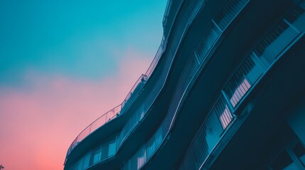 Poster - Modern Apartment Building at Sunset, Teal and Pink Hues
