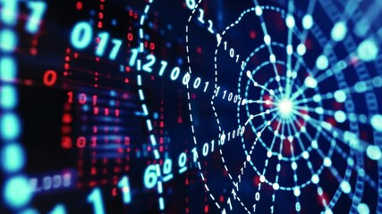 Poster - A computer screen displaying a vibrant blue and red pattern, creating an eye-catching visual display, An intricate spider web design using binary digits