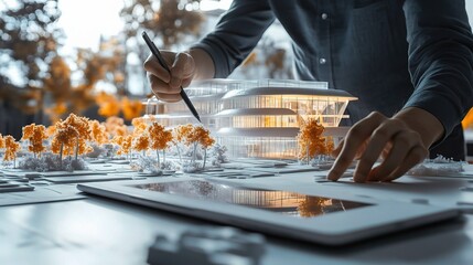 Poster - Architect Designing Futuristic Building with Digital Tools and Model