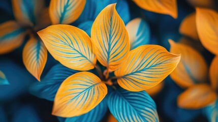 Canvas Print - Vibrant close-up of yellow and orange leaves in a garden setting showcasing nature's beauty and colorful ecology in a dreamy blurred effect