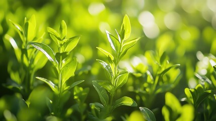 Canvas Print - Lush green plant background featuring close-up leaves and soft bokeh lighting for nature-themed design and creativity.