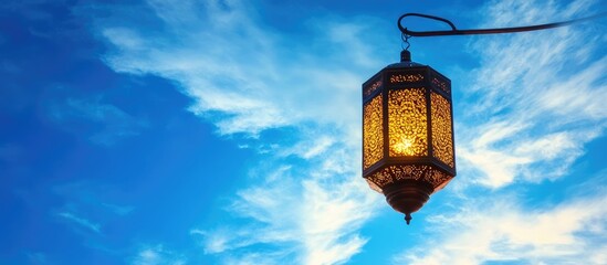 ornate lantern hanging against a vibrant blue sky with clouds creating a serene and picturesque atmo