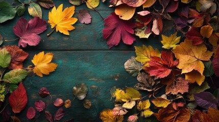 Canvas Print - Vibrant Autumn Leaves Arrangement on Rustic Wooden Background Capturing Nature's Seasonal Transformation