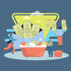 Poster - Tiny business persons doing money laundering for benefit. Criminal activity in government, bribe in envelope, fraud flat vector illustration. Corruption, finances concept for banner, landing web page