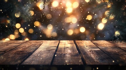 Aufkleber - Wooden table in front of blurred bokeh lights background perfect for product display mockup or creative montage layouts