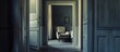 © CreativeBro - Mysterious view of a vintage armchair framed by an open doorway and soft light creating an intimate and atmospheric setting