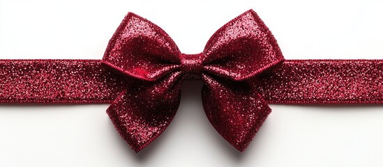 Shiny red holiday bow with glitter on a white background perfect for festive decorations and gift wrapping