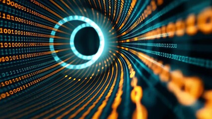 Poster - A vibrant blue and yellow background with various-sized circles and numbers scattered across it, Binary code spiraling into the shape of a vortex