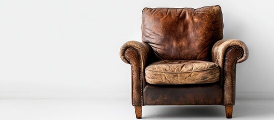 Fototapete - Rustic leather armchair with distinct armrests set against a minimalist white background perfect for interior design concepts and inspiration