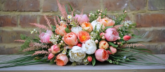 Sticker - Spring wedding bouquet featuring peonies, roses, and tulips arranged beautifully on a rustic wooden surface with greenery accents.