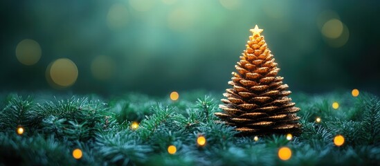 Aufkleber - Wooden Christmas tree beautifully illuminated against a soft green backdrop adorned with festive bokeh lights for a cozy holiday atmosphere.