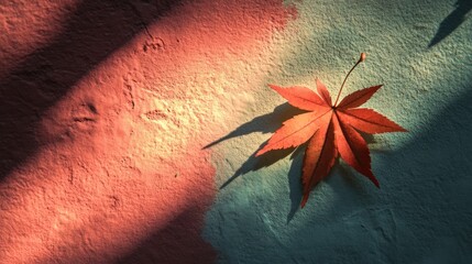 Wall Mural - Colorful leaf shadow and light play on textured wall background creating artistic natural composition.