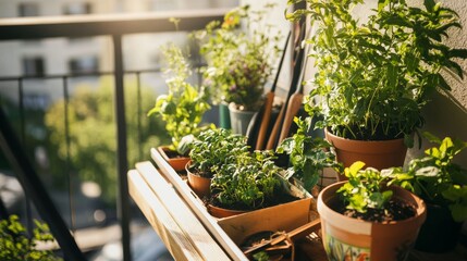 Poster - A picturesque herb garden setup on a balcony, Pots and gardening tools neatly arranged, Minimalist urban gardening style