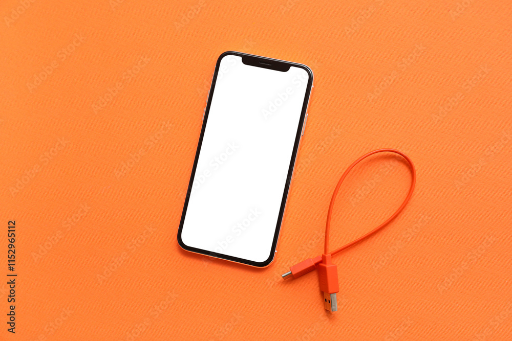 Modern mobile phone with USB cable on orange background