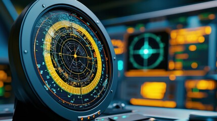 Poster - Cockpit radar display with futuristic aviation instrument panel for transportation safety and navigation