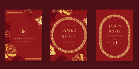 red chinese wedding card vector set. luxury invitation card design with peony flower, leaf branch, f