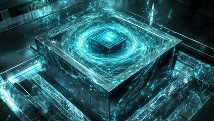 Poster - Futuristic energy cube glowing with teal light.