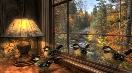 Wall Mural - four birds perched on a windowsill, gazing at an autumnal forest scene.