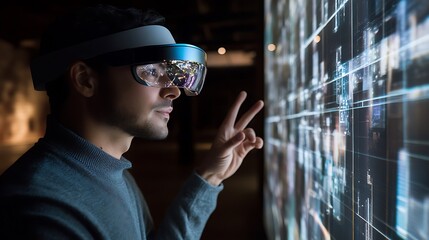 Poster - Businessman uses an augmented reality headset to interact with a large digital interface For exploring data information Concept.