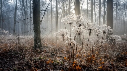 Wall Mural - frosty winter forest scene with frost-covered plants.