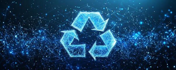 Poster - Futuristic design of blue glowing mesh network with recycle icon symbol, incorporating polygonal lines, spheres, and dots on a dark blue background in vector EPS 10 format