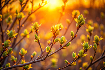 Wall Mural - Spring awakening in earthy hues, showcasing vibrant green buds against golden hour sunset. Nature beauty radiates warmth and renewal