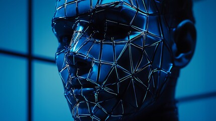 Poster - Abstract Blue Metallic Head with Geometric Wireframe Overlay