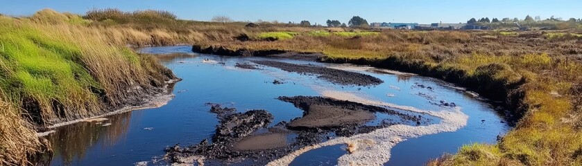 Wall Mural - Scenic wetland with a winding stream reflecting the blue sky and lush green surroundings.