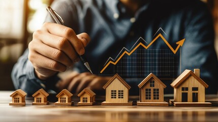 Poster - A person analyzes real estate trends, using a pen to mark data while miniature wooden houses and a growth graph are displayed.
