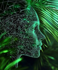Poster - Bio-Digital Woman Profile:  Networked Face Amidst Lush Green Foliage