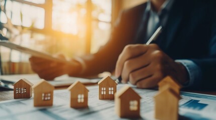 Poster - A professional examining real estate data with miniature wooden houses, highlighting a focus on property investment and market analysis.
