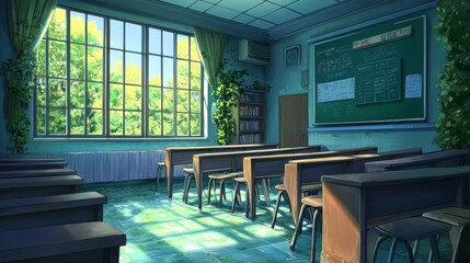 Poster - Serene Classroom with Lush Greenery and Soft Lighting