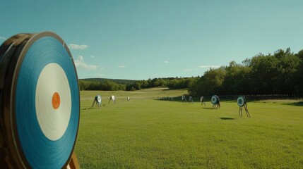 Poster - A pristine archery range with bows and arrows neatly arranged at the shooting line, A clear, open field with targets at the far end