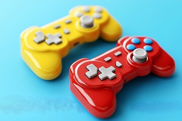 Poster - Vibrant Red and Yellow Game Controllers on a Blue Background
