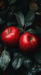 Wall Mural - Two red apples with water droplets on them. Two fresh, ripe red apples. Close-up of two red apples. Fresh Apples on tree. Healthy fruits. Freshness and nature. Fresh and delicious. Healthy Food