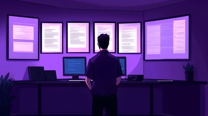 Poster - Analyzing data trends in a modern office virtual workspace digital art technology perspective insight