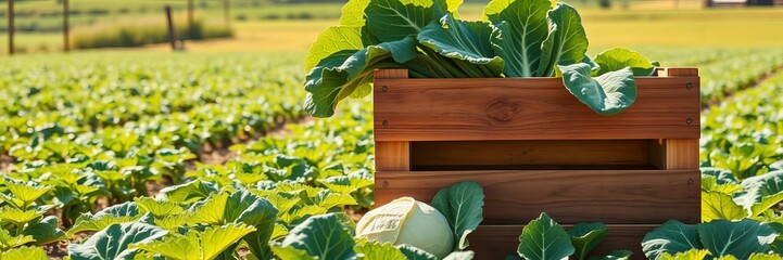 Wall Mural - Freshly picked organic cabbages in wooden crate bathed in gentle sunlight, healthy food, agriculture, field, agriculture