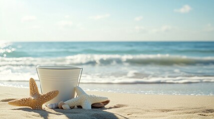 Poster - A pristine beachcombing setup with a bucket and beach finds neatly placed on the sand, A sunny beachfront with gentle waves and soft sand, Minimalist leisure style